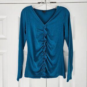 Ann Taylor Teal Long Sleeve V-Neck Top with Ruffled Accent – Small